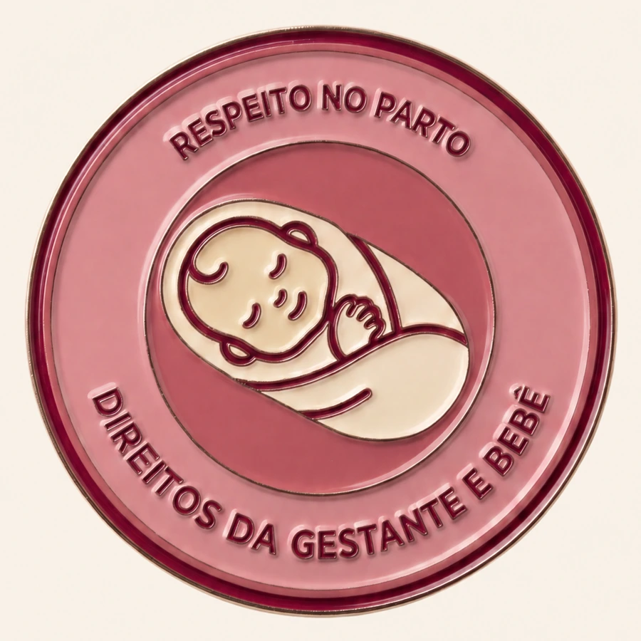 Emblema rosa com bebê e as inscrições Respeito no Parto e Direitos da Gestante e Bebê